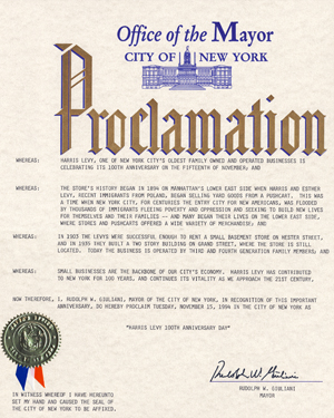 Harris Levy 100 Year NYC Proclamation from Mayor Guliani